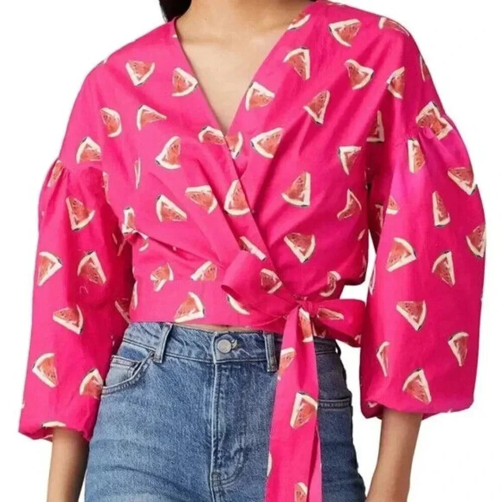 Color Me Courtney Emily Watermelon Wrap Top Size XS Pink Poplin Vacation Novelty